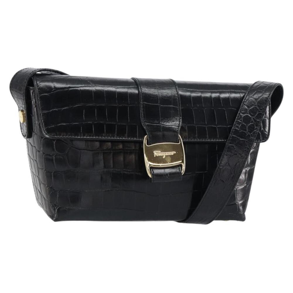 Salvatore Ferragamo Vala Vala Shoulder Bag Leather Black Gold Auth gh1408